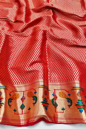 Dark wine zari woven paithani silk blend saree with blouse piece