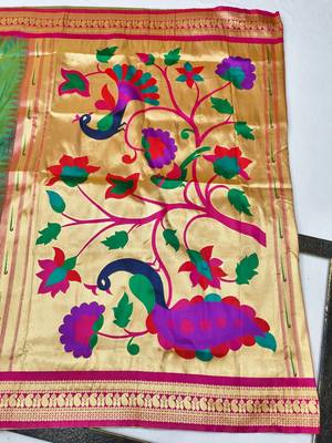 Light green woven paithani silk blend saree with blouse piece 2