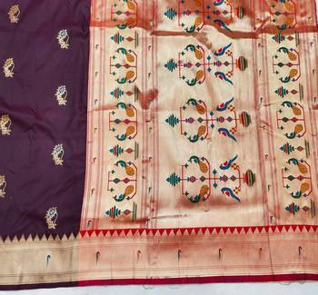 Dark wine zari woven paithani silk blend saree with blouse piece 5