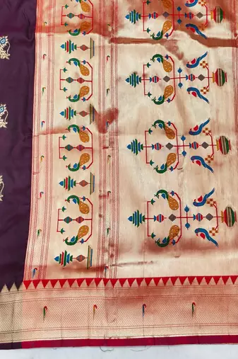 Dark wine zari woven paithani silk blend saree with blouse piece