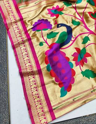 Light green woven paithani silk blend saree with blouse piece 3