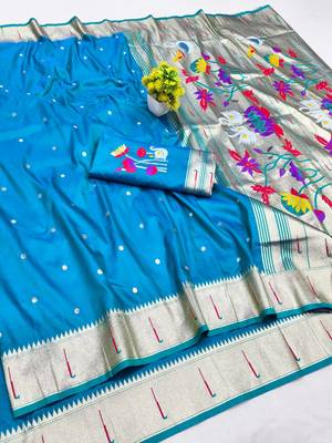 Blue zari woven paithani silk blend saree with blouse piece 1