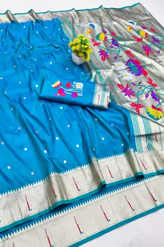 Blue zari woven paithani silk blend saree with blouse piece