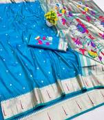 Blue zari woven paithani silk blend saree with blouse piece