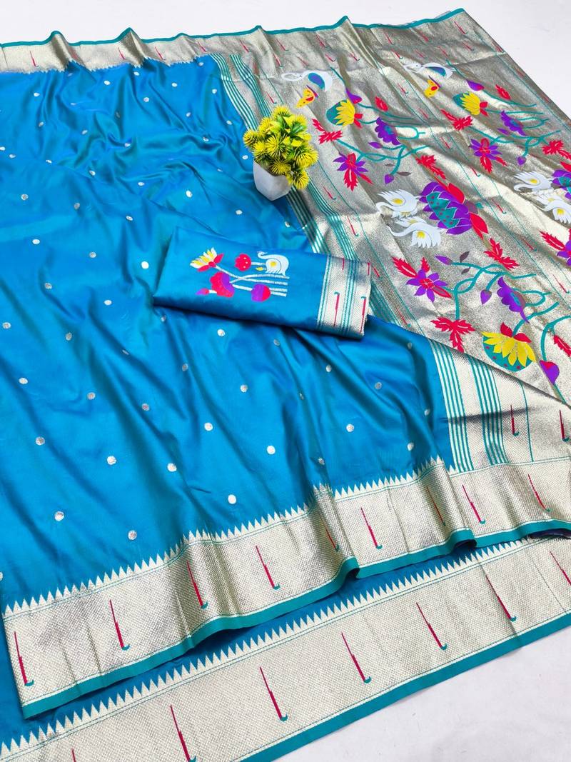 Blue zari woven paithani silk blend saree with blouse piece