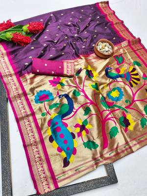 Wine zari woven paithani silk blend saree with blouse piece 1