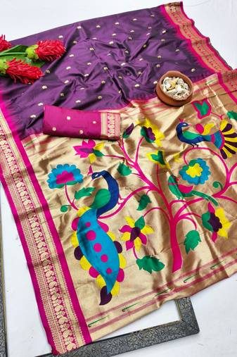 Wine zari woven paithani silk blend saree with blouse piece