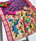 Wine zari woven paithani silk blend saree with blouse piece