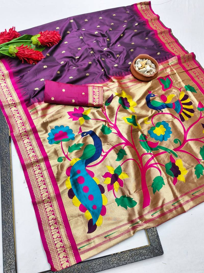 Wine zari woven paithani silk blend saree with blouse piece