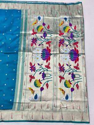 Blue zari woven paithani silk blend saree with blouse piece 2