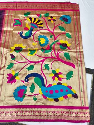Wine zari woven paithani silk blend saree with blouse piece 2