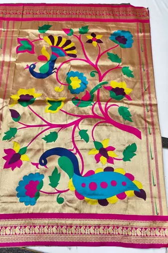 Wine zari woven paithani silk blend saree with blouse piece