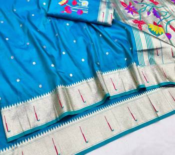Blue zari woven paithani silk blend saree with blouse piece 3