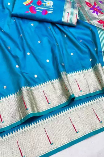 Blue zari woven paithani silk blend saree with blouse piece