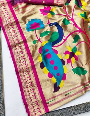 Wine zari woven paithani silk blend saree with blouse piece 3