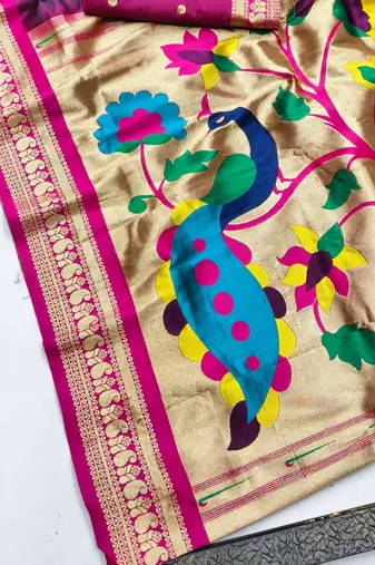 Wine zari woven paithani silk blend saree with blouse piece