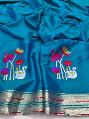 Blue zari woven paithani silk blend saree with blouse piece 4