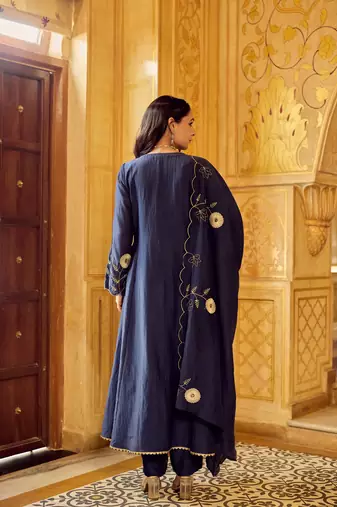 Blue color stylish and partywear chanderi beautiful partywear dress