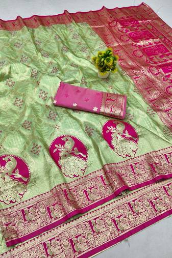 Light green zari woven silk blend saree with blouse piece