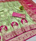 Light green zari woven banarasi silk blend saree with blouse piece