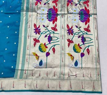 Blue zari woven paithani silk blend saree with blouse piece 5