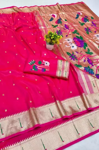 Rani pink zari woven paithani silk blend saree with blouse piece