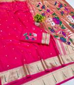 Rani pink zari woven paithani silk blend saree with blouse piece