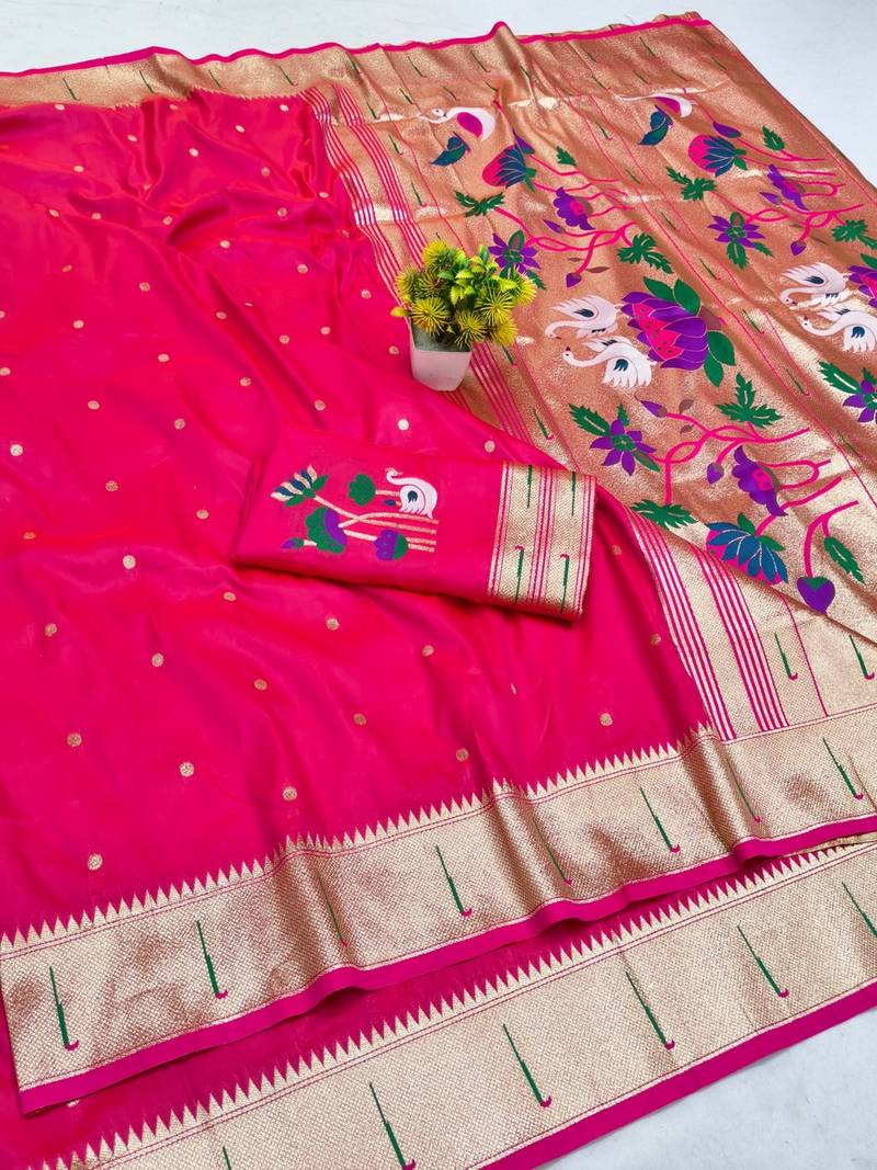 Rani pink zari woven paithani silk blend saree with blouse piece