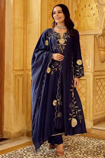 Blue color stylish and partywear chanderi beautiful partywear dress