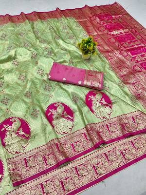Light green zari woven silk blend saree with blouse piece 3