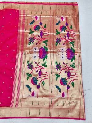 Rani pink zari woven paithani silk blend saree with blouse piece 2
