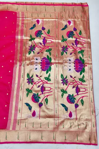 Rani pink zari woven paithani silk blend saree with blouse piece