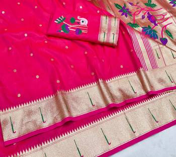 Rani pink zari woven paithani silk blend saree with blouse piece 3