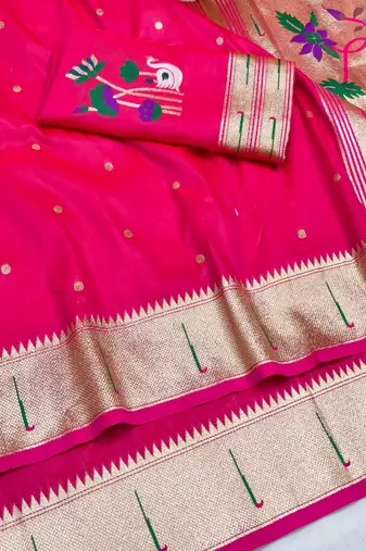 Rani pink zari woven paithani silk blend saree with blouse piece