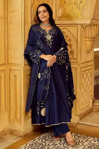 Blue color stylish and partywear chanderi beautiful partywear dress