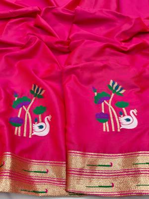 Rani pink zari woven paithani silk blend saree with blouse piece 4