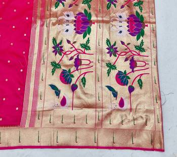 Rani pink zari woven paithani silk blend saree with blouse piece 5