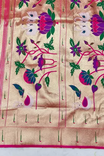 Rani pink zari woven paithani silk blend saree with blouse piece