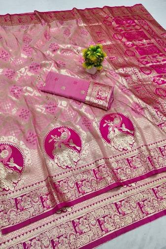 Pink zari woven banarasi silk blend saree with blouse piece