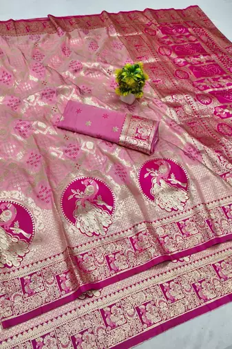 Pink zari woven banarasi silk blend saree with blouse piece