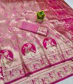 Pink zari woven banarasi silk blend saree with blouse piece