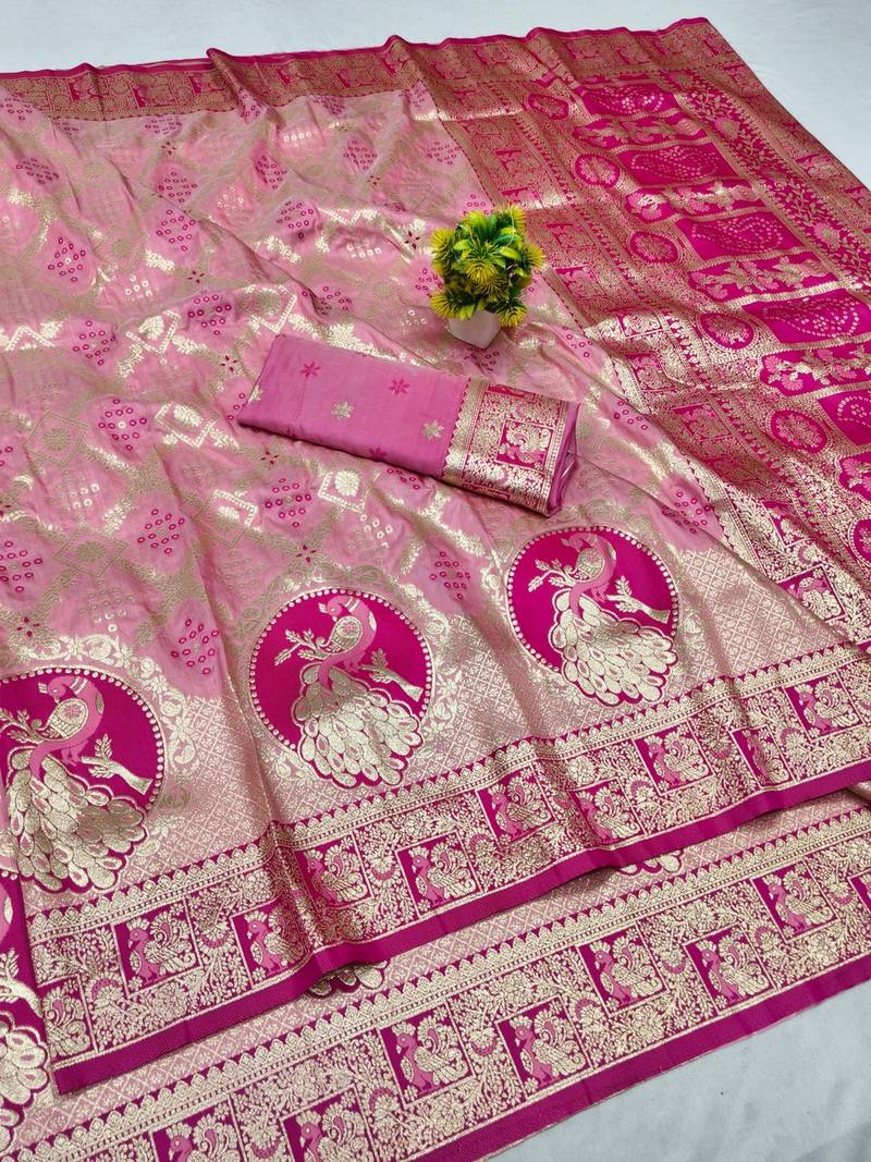 Pink zari woven banarasi silk blend saree with blouse piece