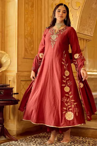 Maroon color stylish and partywear chanderi beautiful partywear dress