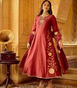 Maroon color stylish and partywear chanderi beautiful partywear dress