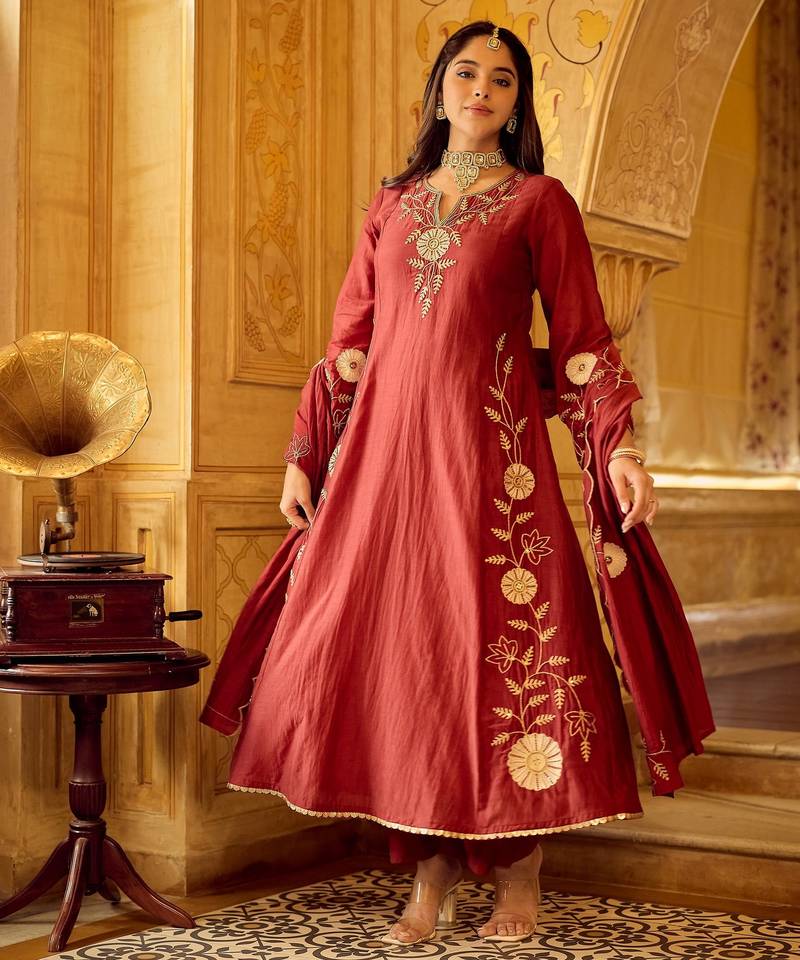 Maroon color stylish and partywear chanderi beautiful partywear dress