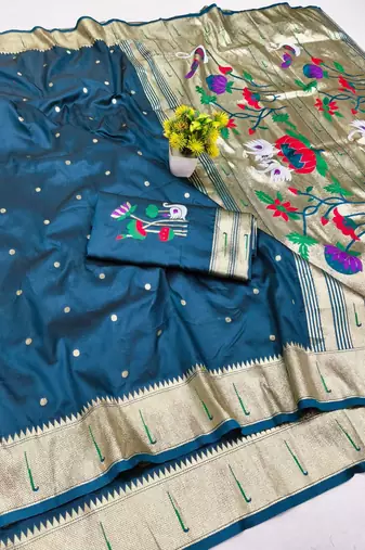 Firozi zari woven paithani silk blend saree with blouse piece