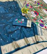 Firozi zari woven paithani silk blend saree with blouse piece