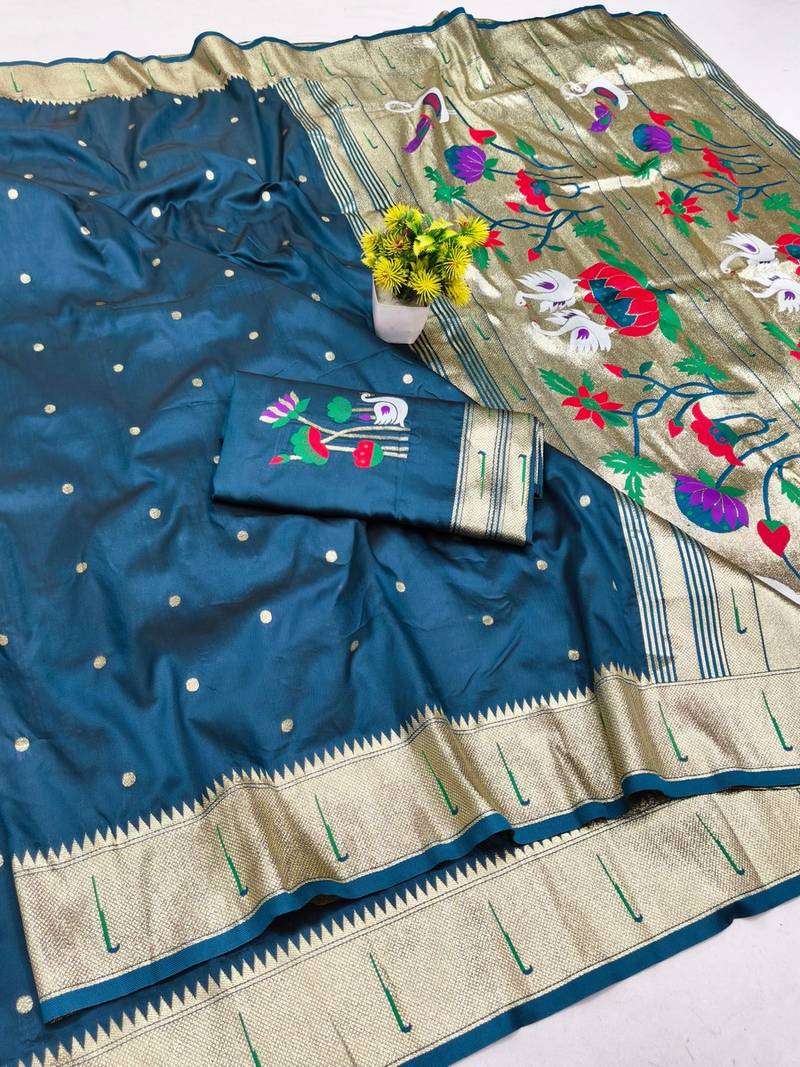 Firozi zari woven paithani silk blend saree with blouse piece