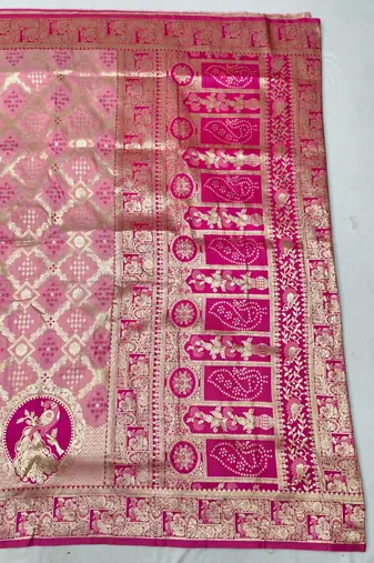 Pink zari woven silk blend saree with blouse piece