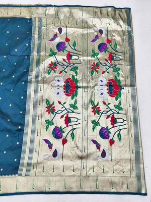 Firozi zari woven paithani silk blend saree with blouse piece 2